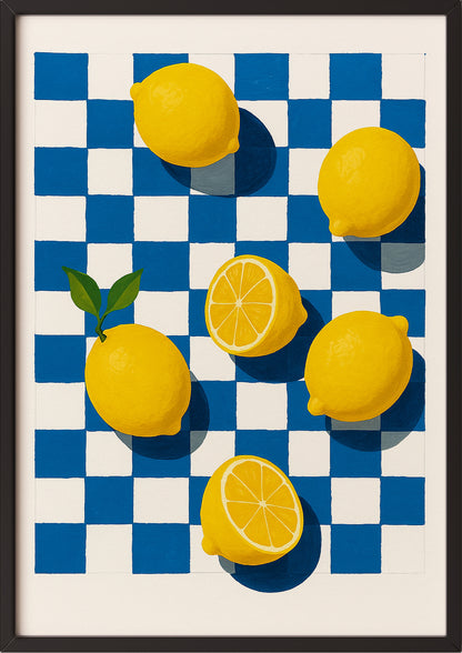 Zitronen-Aquarellposter mit Schachbrettmuster lässig an Wand gelehnt