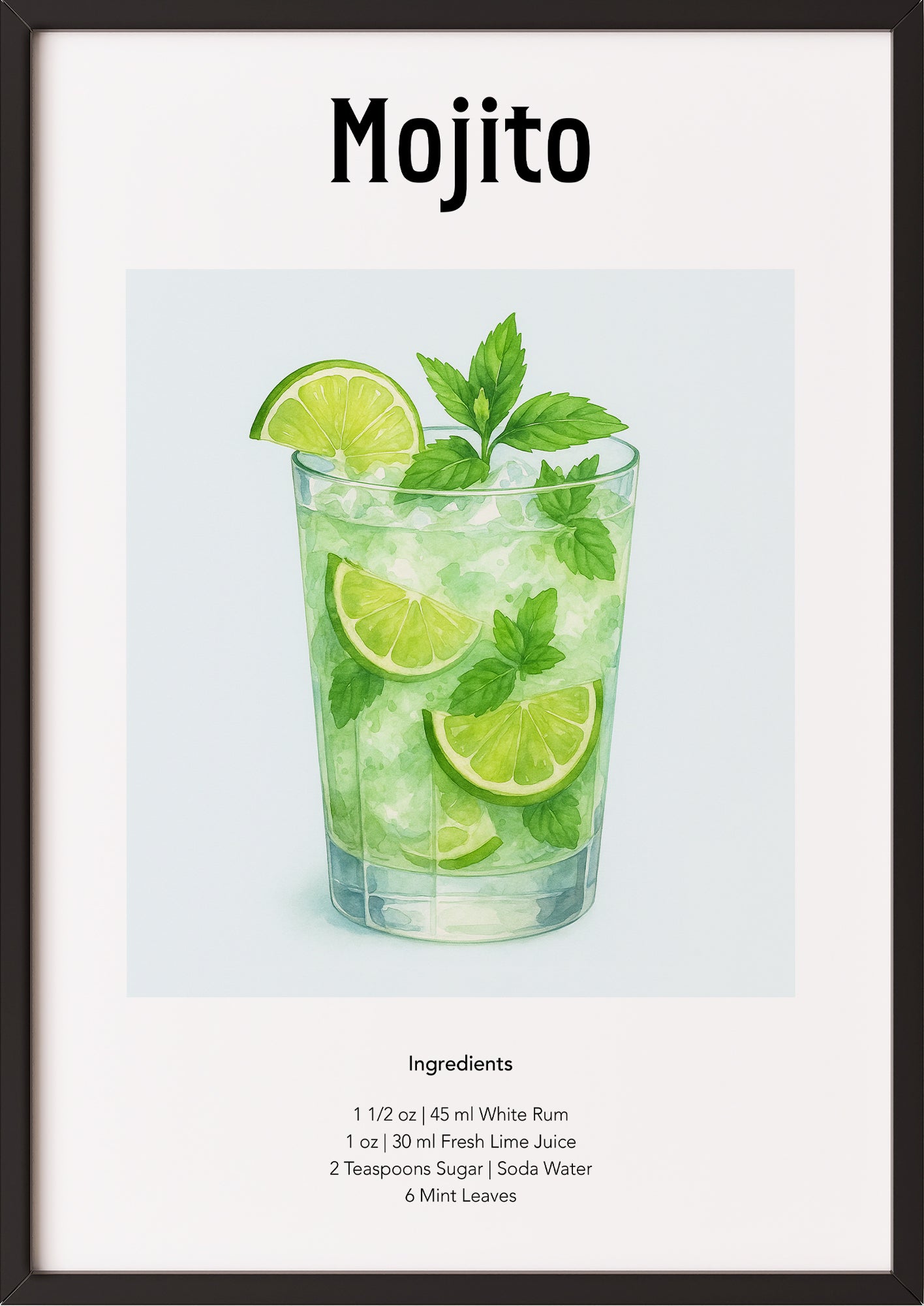 Cocktailposter Mojito im weißen Rahmen auf Küchenarbeitsfläche angelehnt