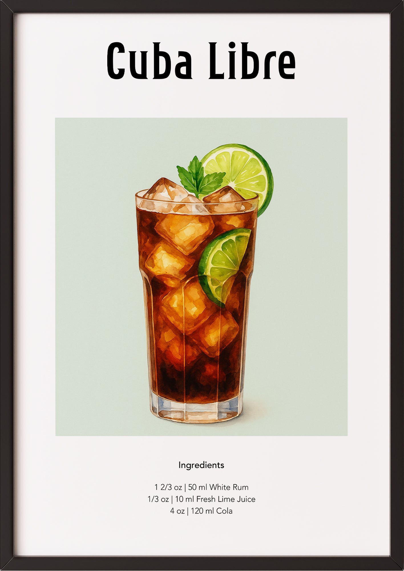Aquarellposter Cuba Libre mit Rum, Cola und Limette, stilvoll eingerahmt