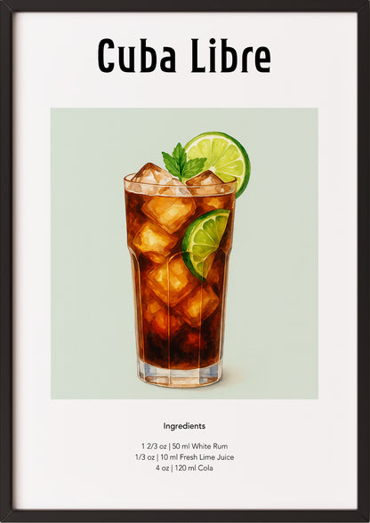 Aquarellposter Cuba Libre mit Rum, Cola und Limette, stilvoll eingerahmt