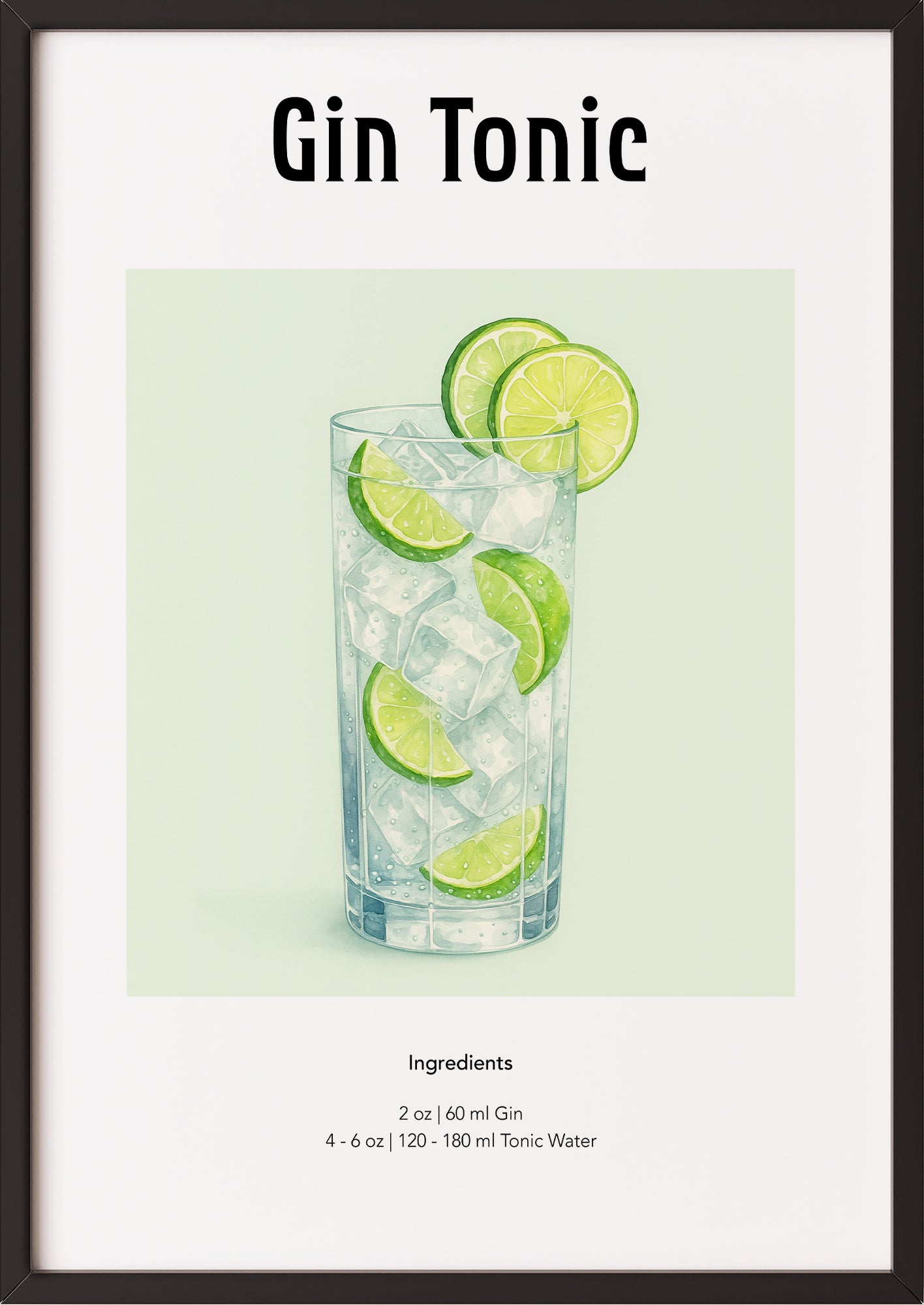 Gin Tonic Poster mit transparentem Glas und Limettenstücken auf hellem Hintergrund