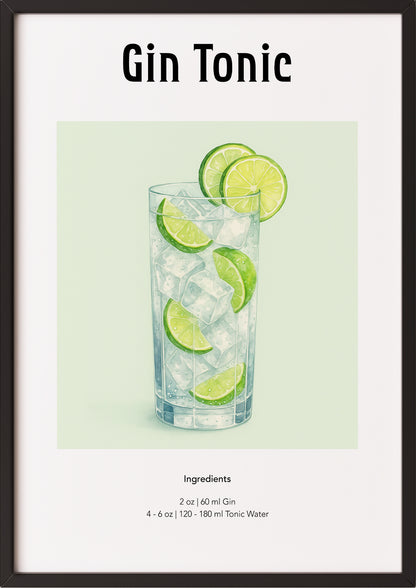 Gin Tonic Poster mit transparentem Glas und Limettenstücken auf hellem Hintergrund