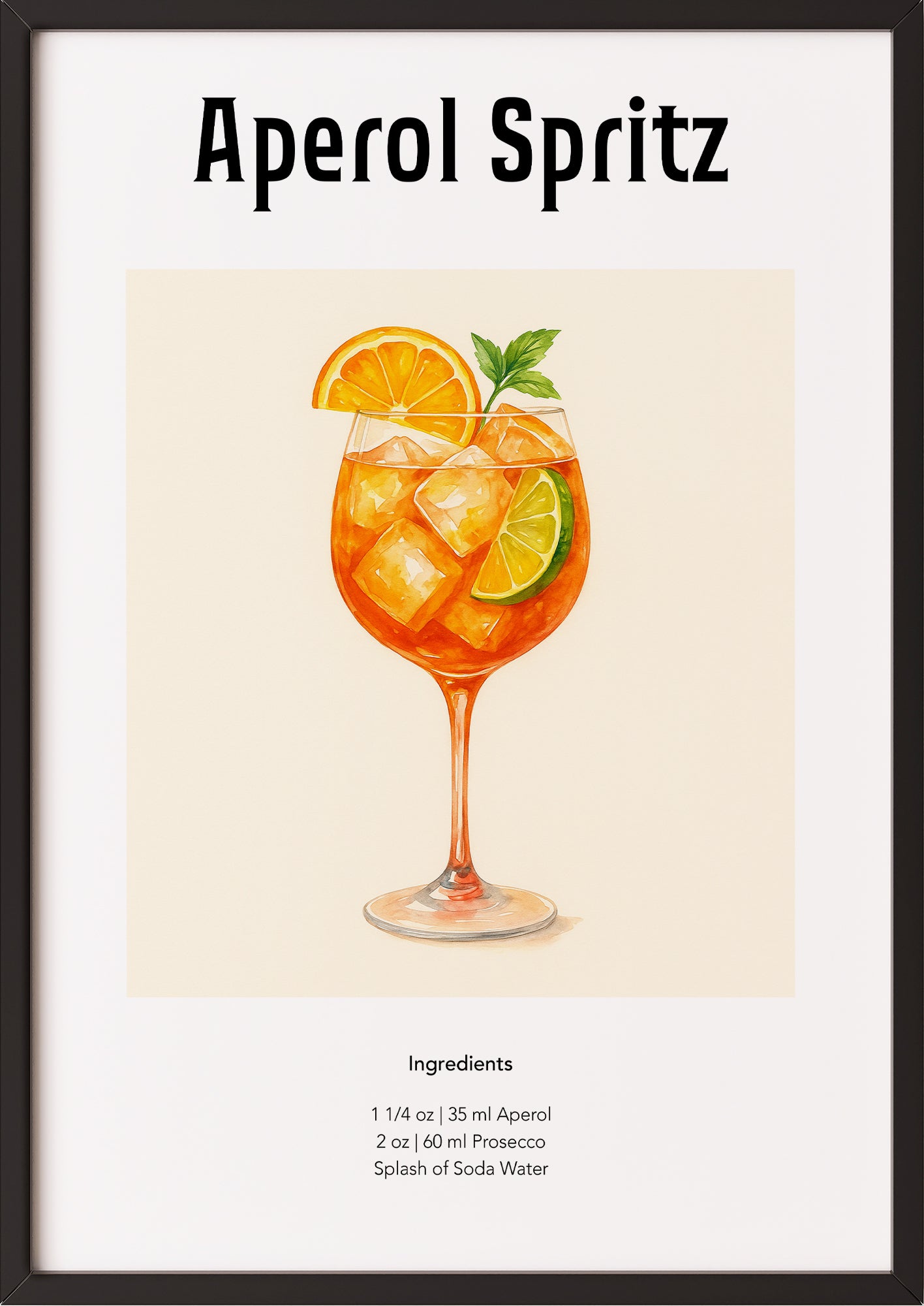 Poster mit Aperol Spritz Cocktail im Aquarellstil an sonniger Wand