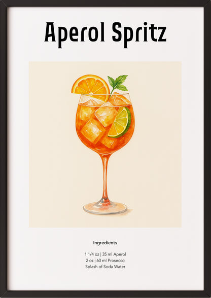 Poster mit Aperol Spritz Cocktail im Aquarellstil an sonniger Wand