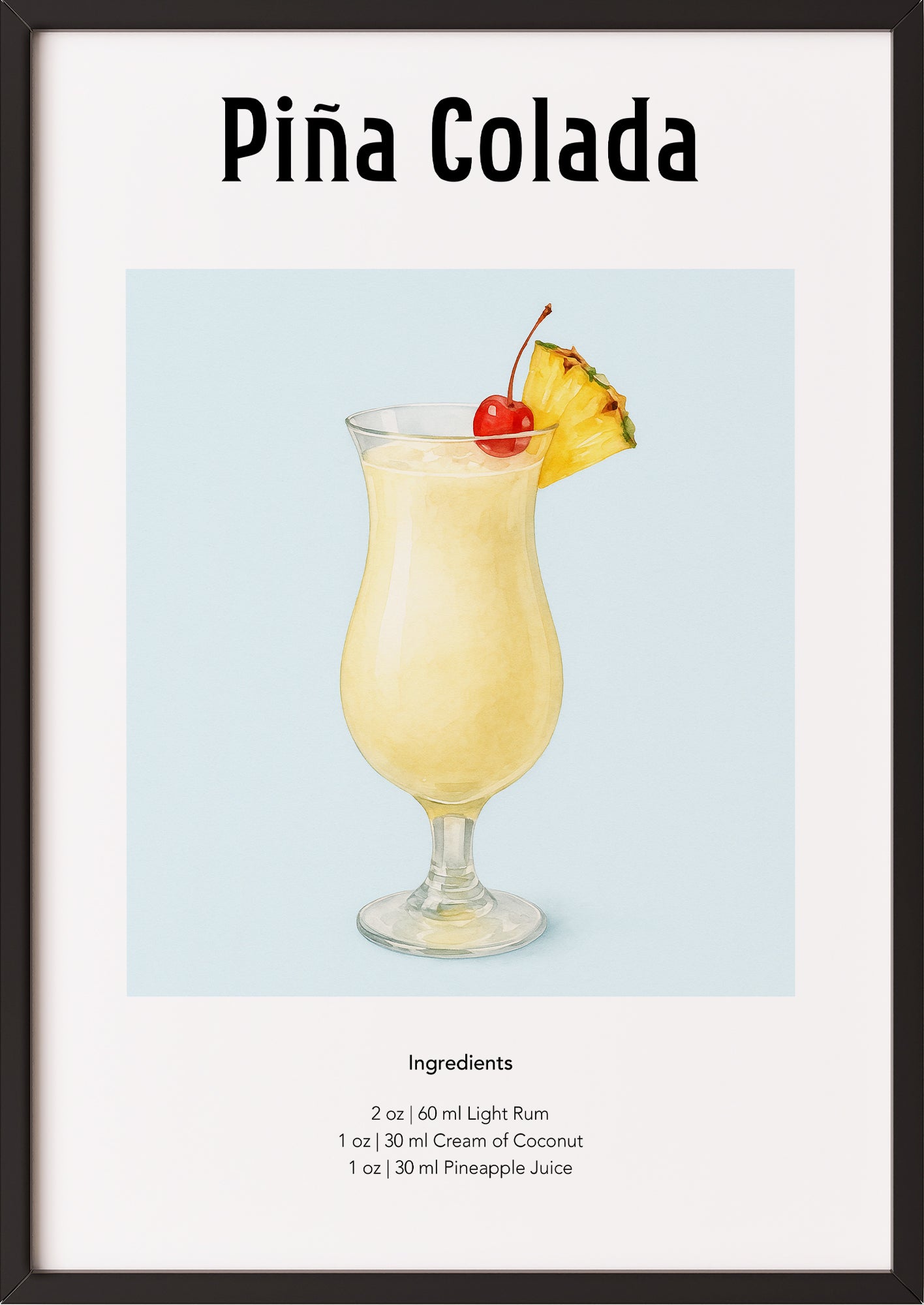 Poster mit cremigem Piña Colada in tropischem Look an Wand gelehnt