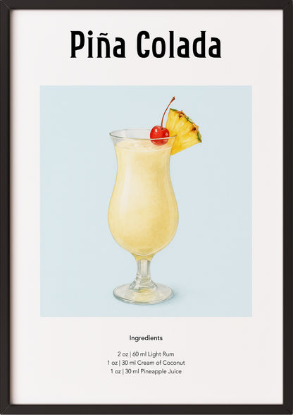 Poster mit cremigem Piña Colada in tropischem Look an Wand gelehnt