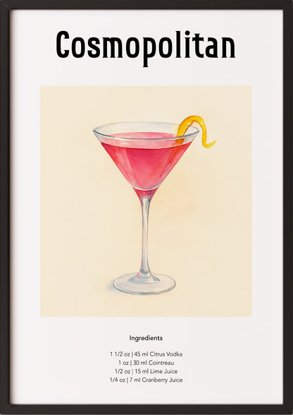 Poster mit Cosmopolitan-Cocktail im schwarzen Rahmen an einer hellen Wand