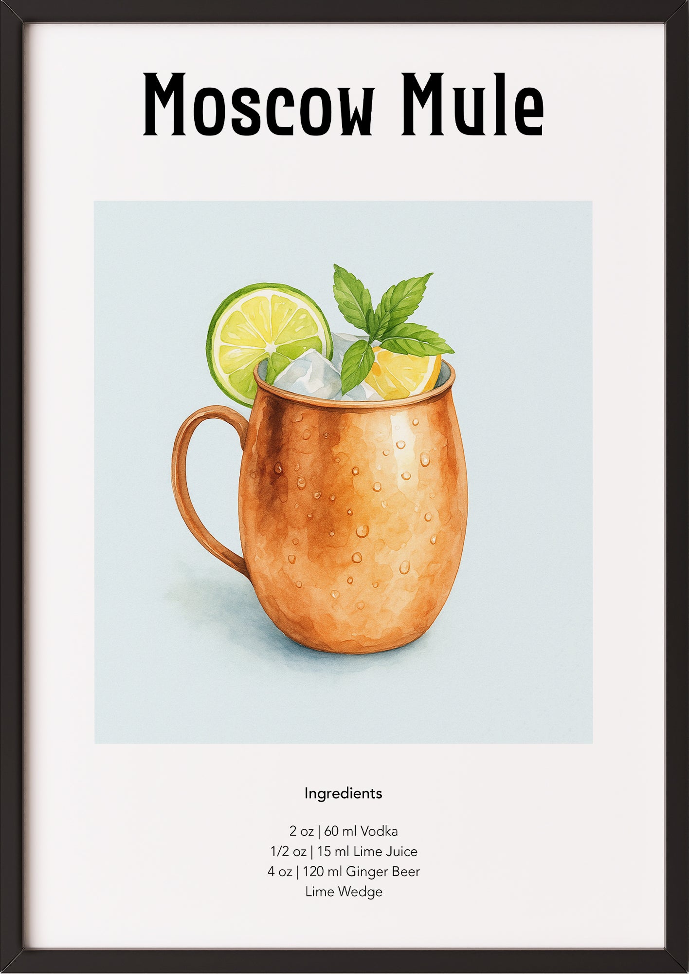 Poster mit Moscow Mule-Glas im schwarzen Rahmen vor heller Wand