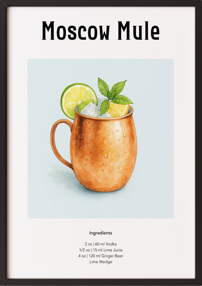 Poster mit Moscow Mule-Glas im schwarzen Rahmen vor heller Wand