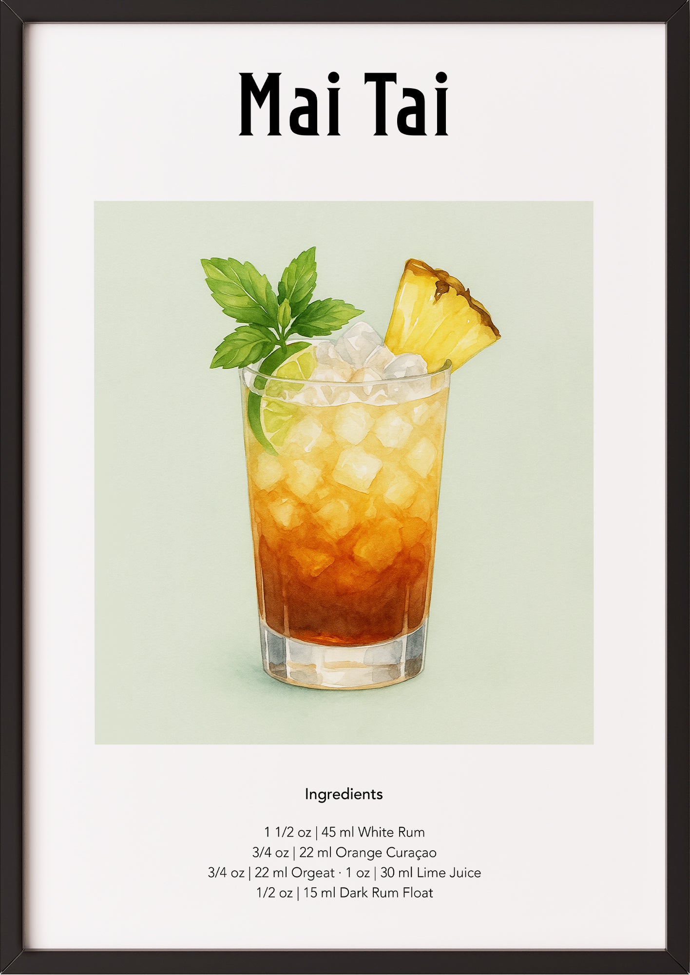 Poster mit Mai Tai-Glas im schwarzen Rahmen vor hellem Untergrund