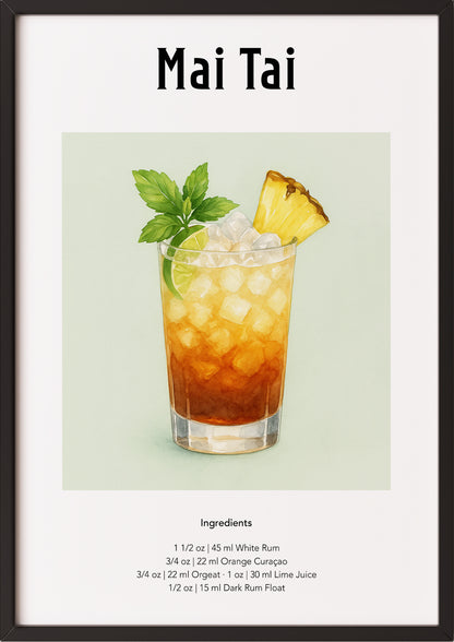 Poster mit Mai Tai-Glas im schwarzen Rahmen vor hellem Untergrund