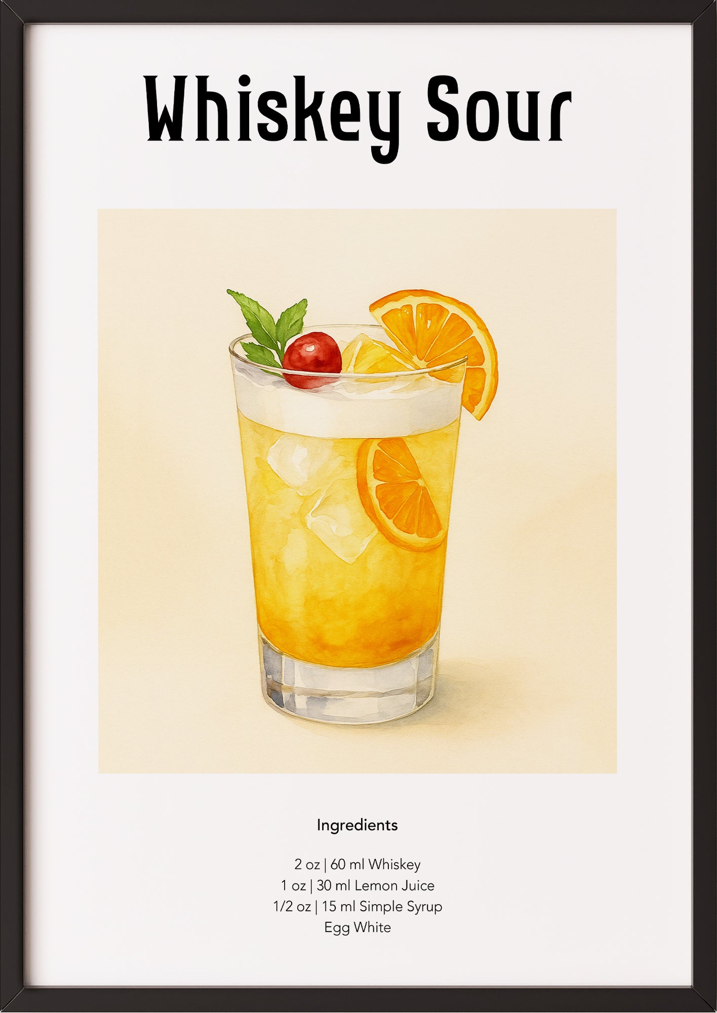 Poster mit Whiskey Sour-Glas im schwarzen Rahmen vor hellem Untergrund