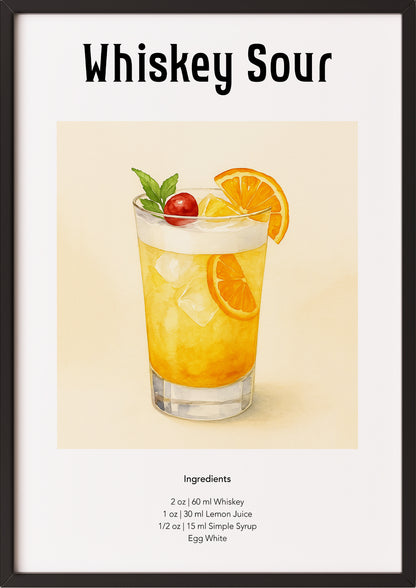 Poster mit Whiskey Sour-Glas im schwarzen Rahmen vor hellem Untergrund