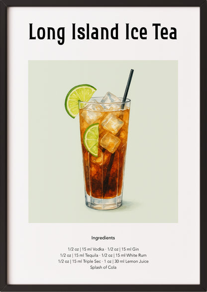 Long Island Ice Tea Poster im schwarzen Rahmen vor hellem Hintergrund
