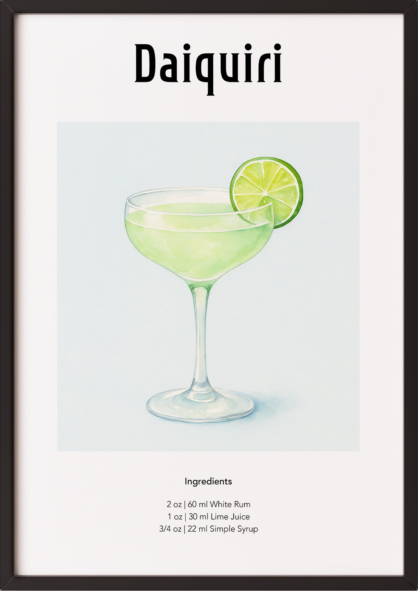 Daiquiri-Poster im schwarzen Rahmen vor weißem Hintergrund
