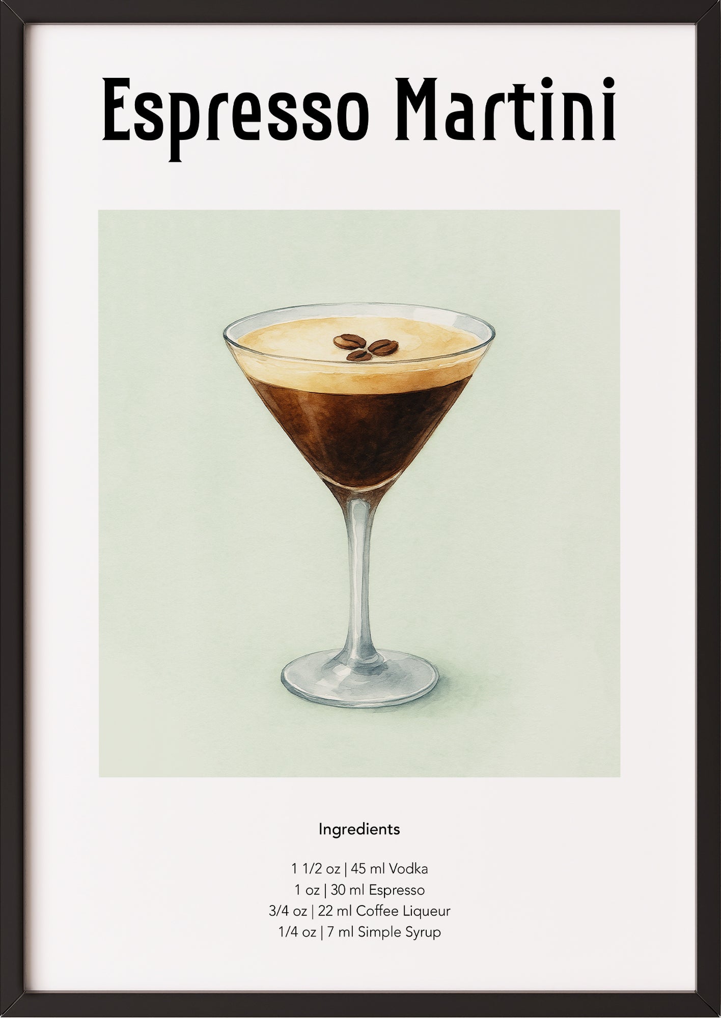 Espresso Martini Poster im schwarzen Rahmen vor hellem Hintergrund
