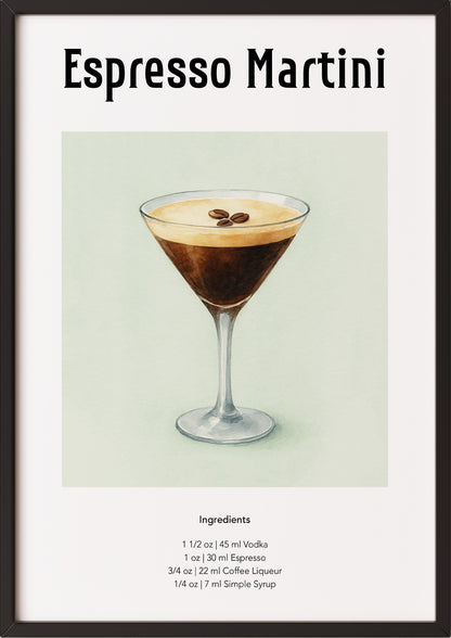Espresso Martini Poster im schwarzen Rahmen vor hellem Hintergrund