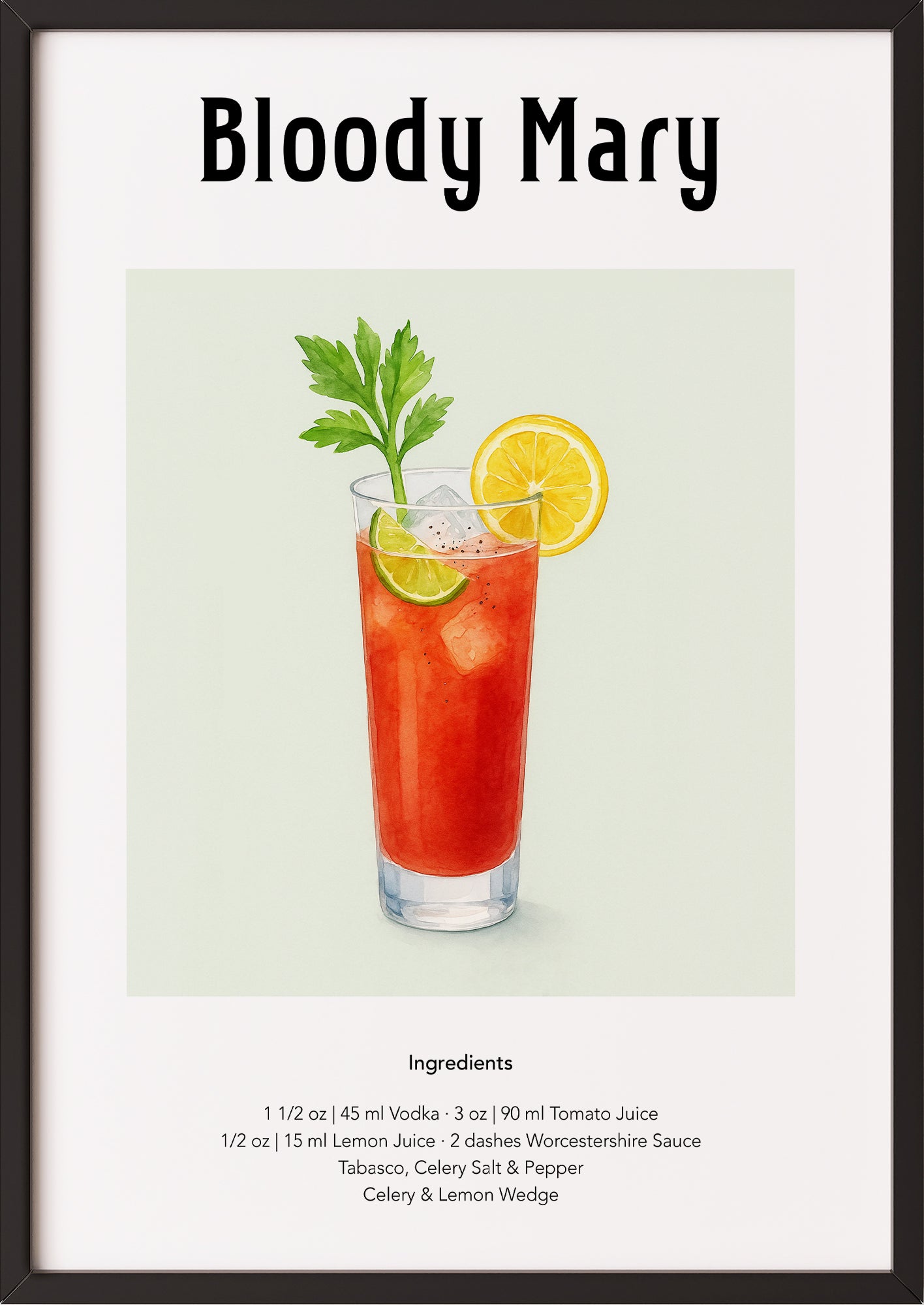 Detailaufnahme des Cocktails mit Selleriestange, Glasrand und Eiswürfeln