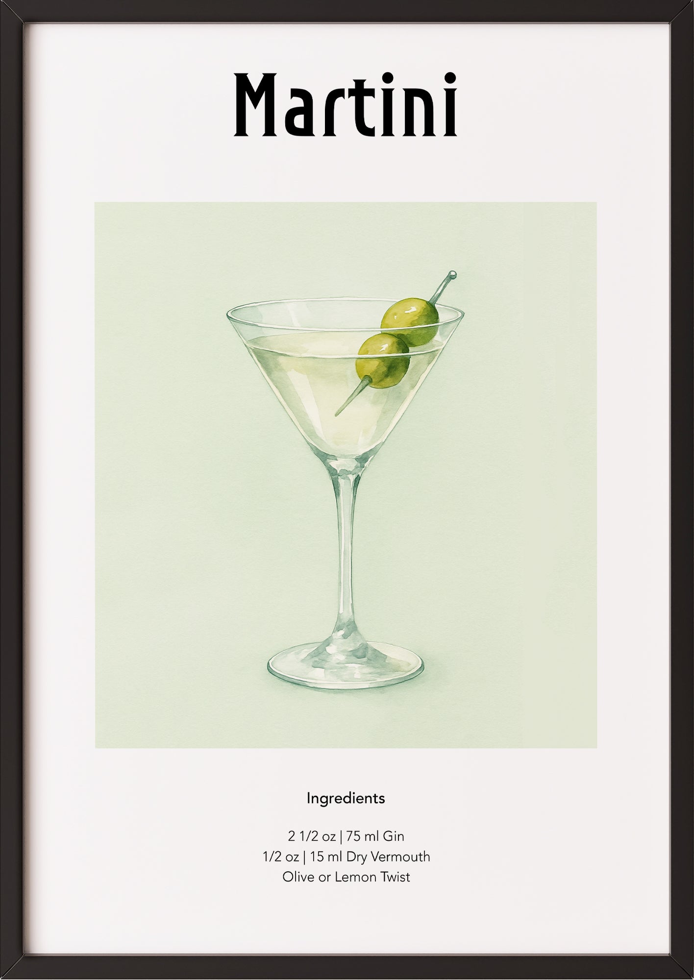 Detailaufnahme des Aquarell-Martinis mit Olive auf Zahnstocher
