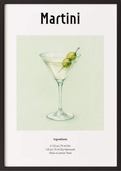 Detailaufnahme des Aquarell-Martinis mit Olive auf Zahnstocher