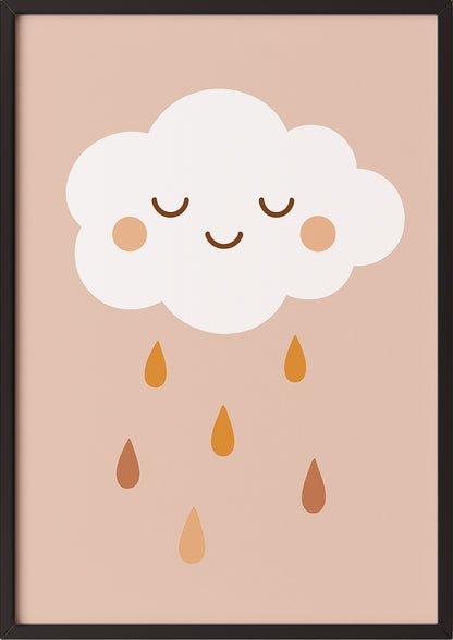 Gerahmtes Kinderposter mit Wolke und Tropfen in warmen Farbtönen