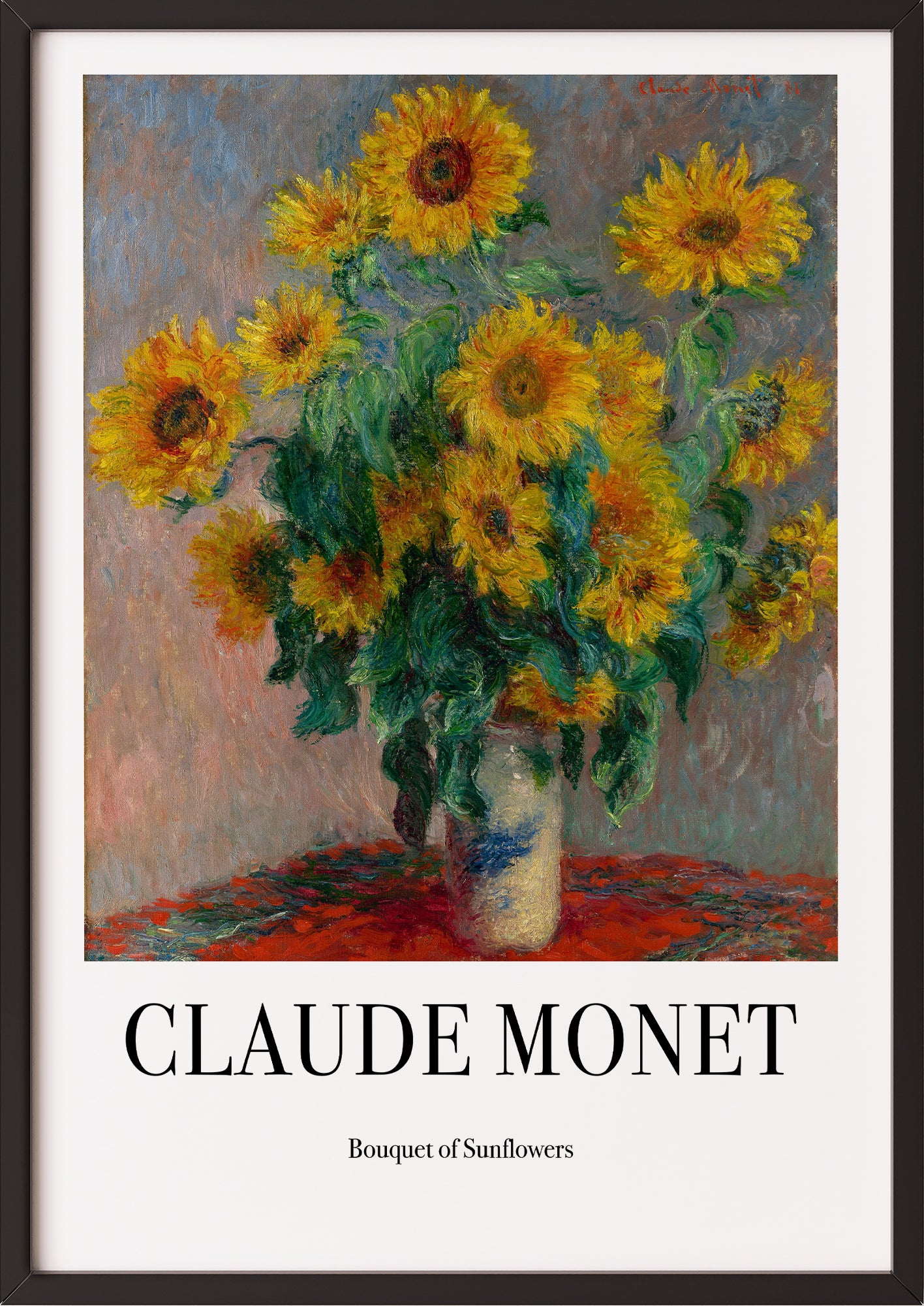 Frau hängt Bouquet of Sunflowers von Claude Monet als Poster in schwarzem Rahmen an die Wand