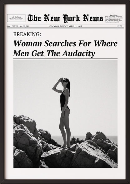 Poster Woman Searches For Where Men Get The Audacity im schwarzen Holzrahmen
