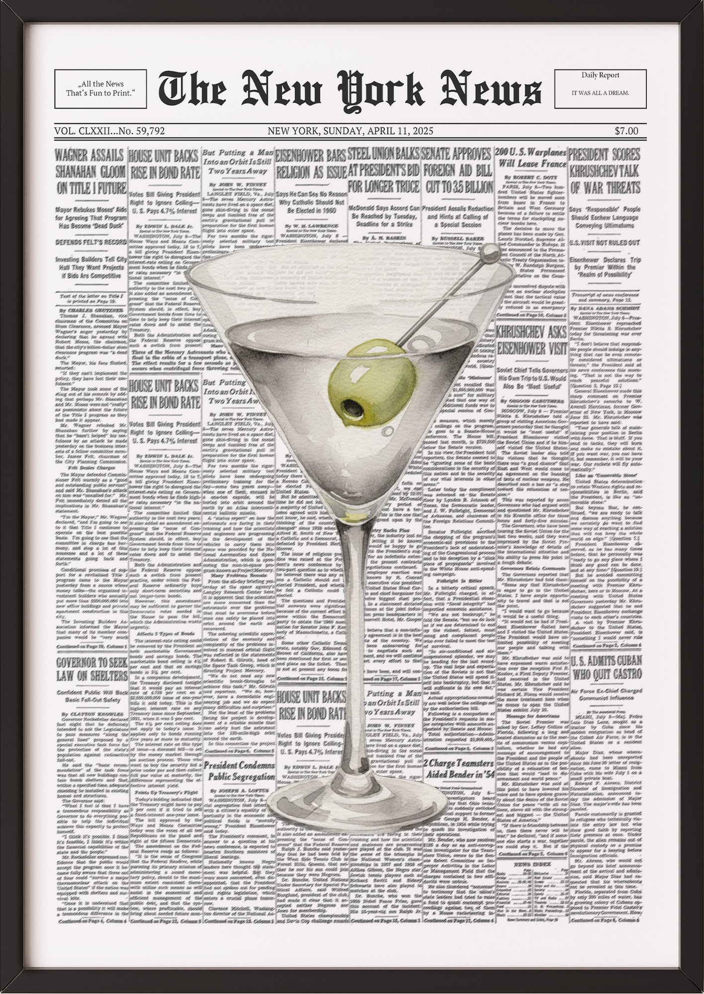 Poster Martini – Newspaper im schwarzen Holzrahmen