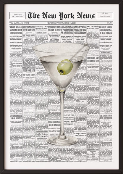 Poster Martini – Newspaper im schwarzen Holzrahmen