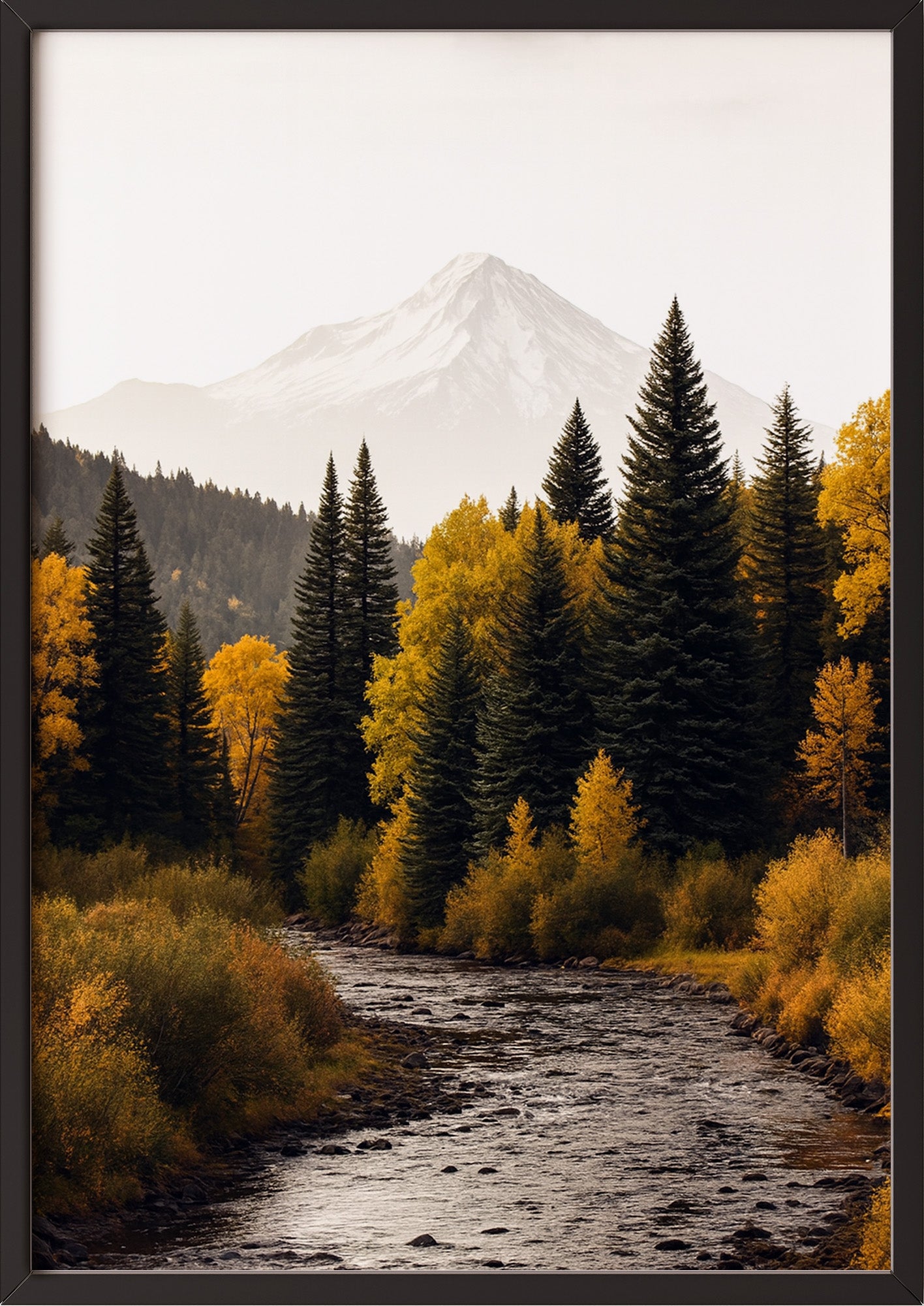 Poster Herbstwald mit Fluss und Berg im schwarzen Holzrahmen