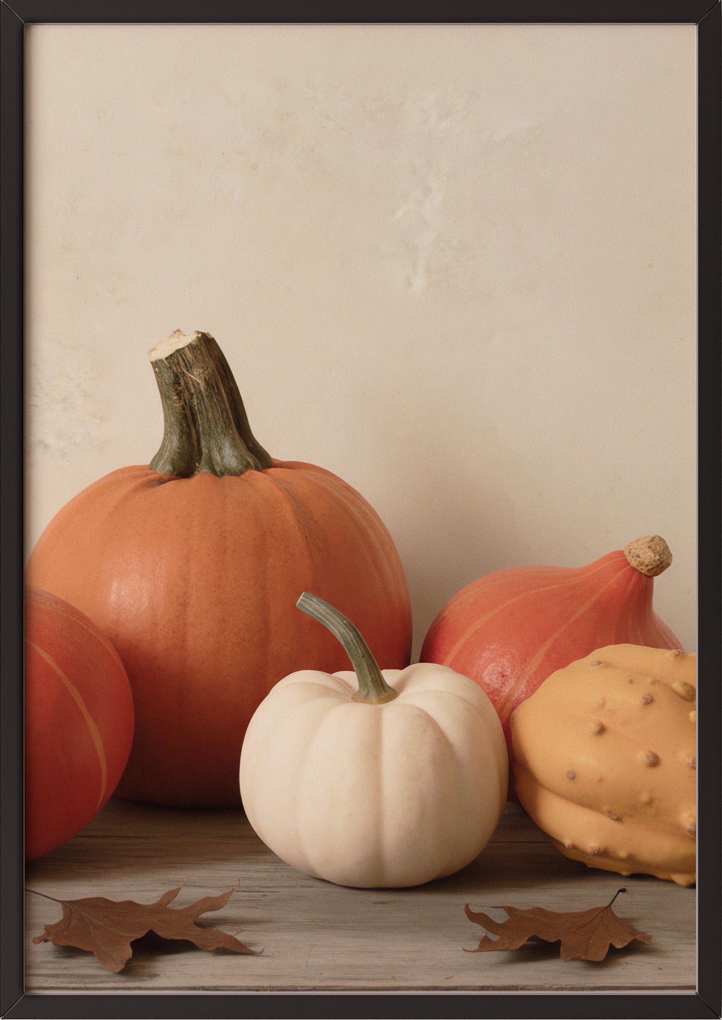 Poster Kürbis Sammlung im Herbst im schwarzen Holzrahmen