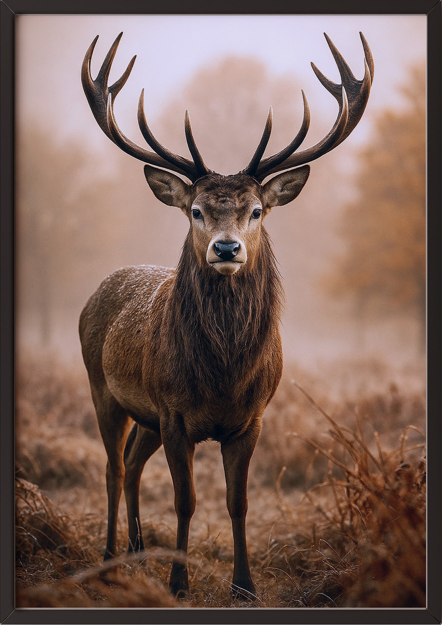 Poster Hirsch im Herbst im schwarzen Holzrahmen