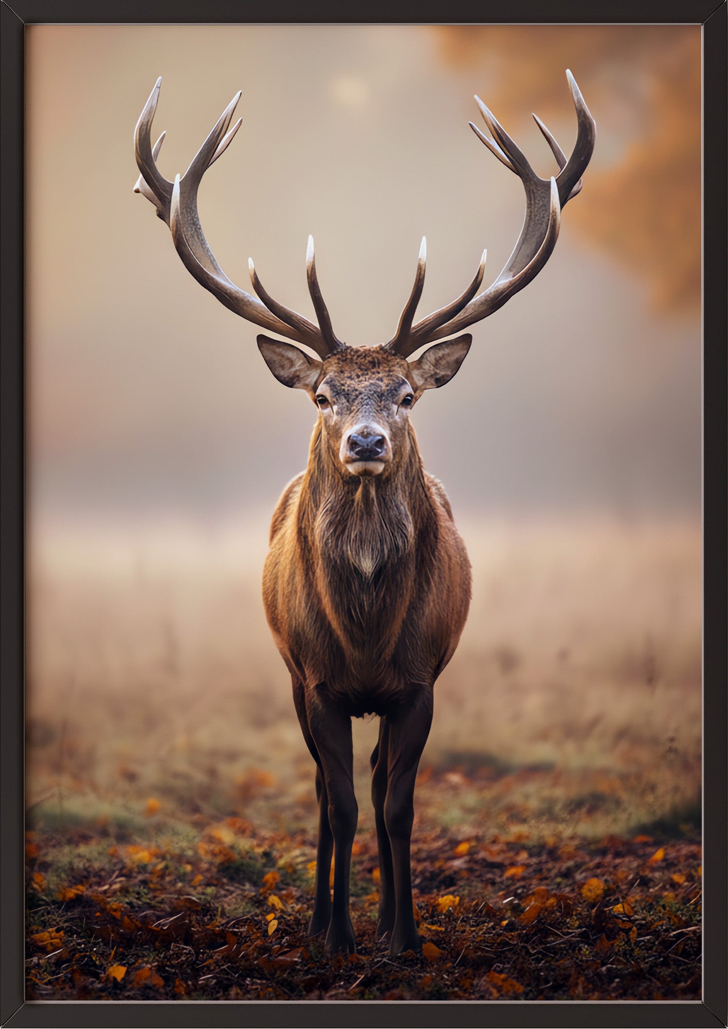 Poster Hirsch in Goldenem Licht im schwarzen Holzrahmen