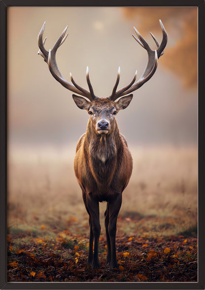 Poster Hirsch in Goldenem Licht im schwarzen Holzrahmen
