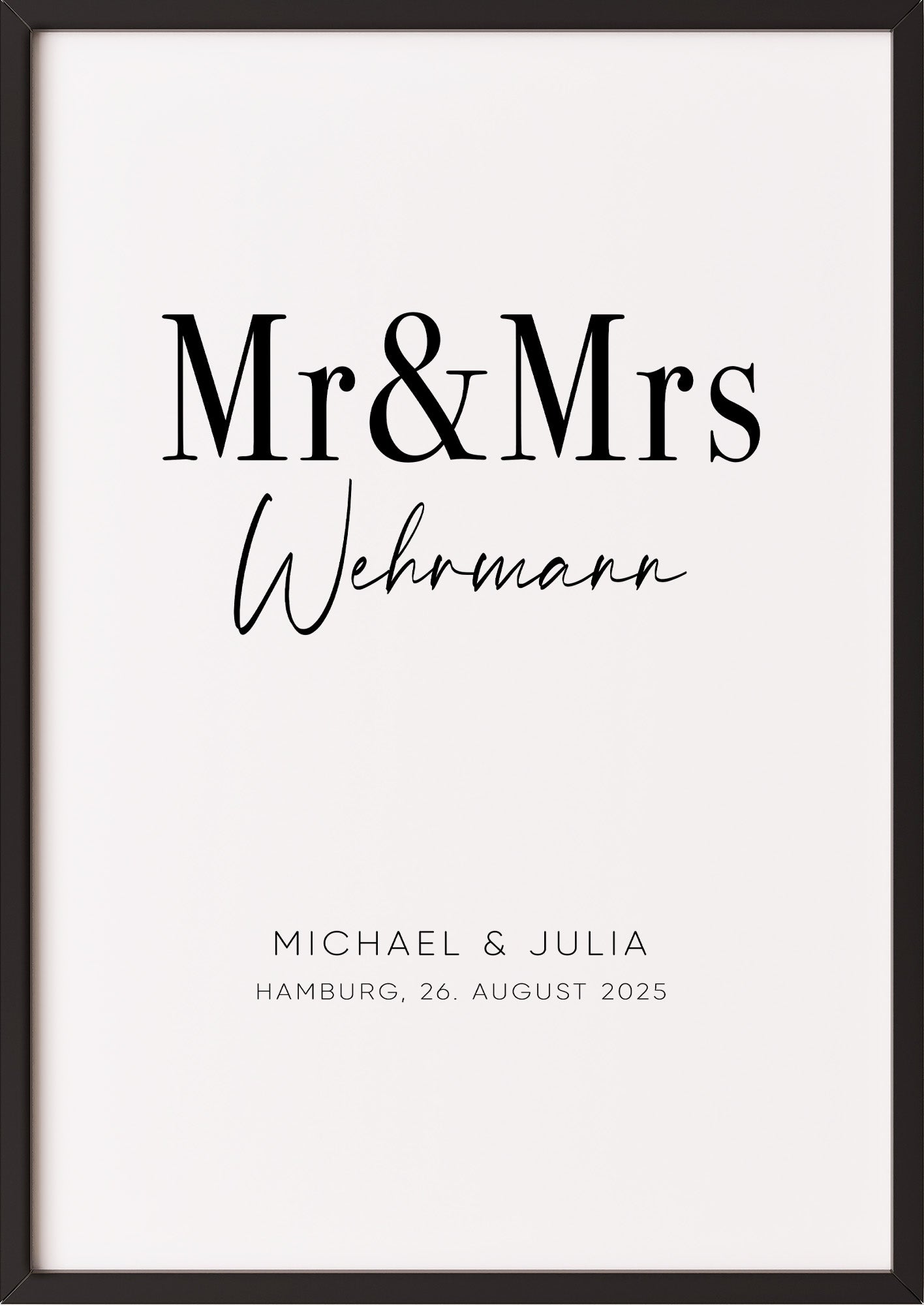 Poster Hochzeitsbild Mr & Mrs im schwarzen Rahmen