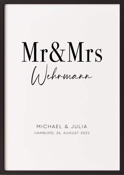Poster Hochzeitsbild Mr & Mrs im schwarzen Rahmen