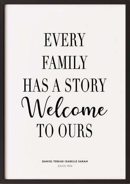 Poster Every Family Has A Story im schwarzen Rahmen