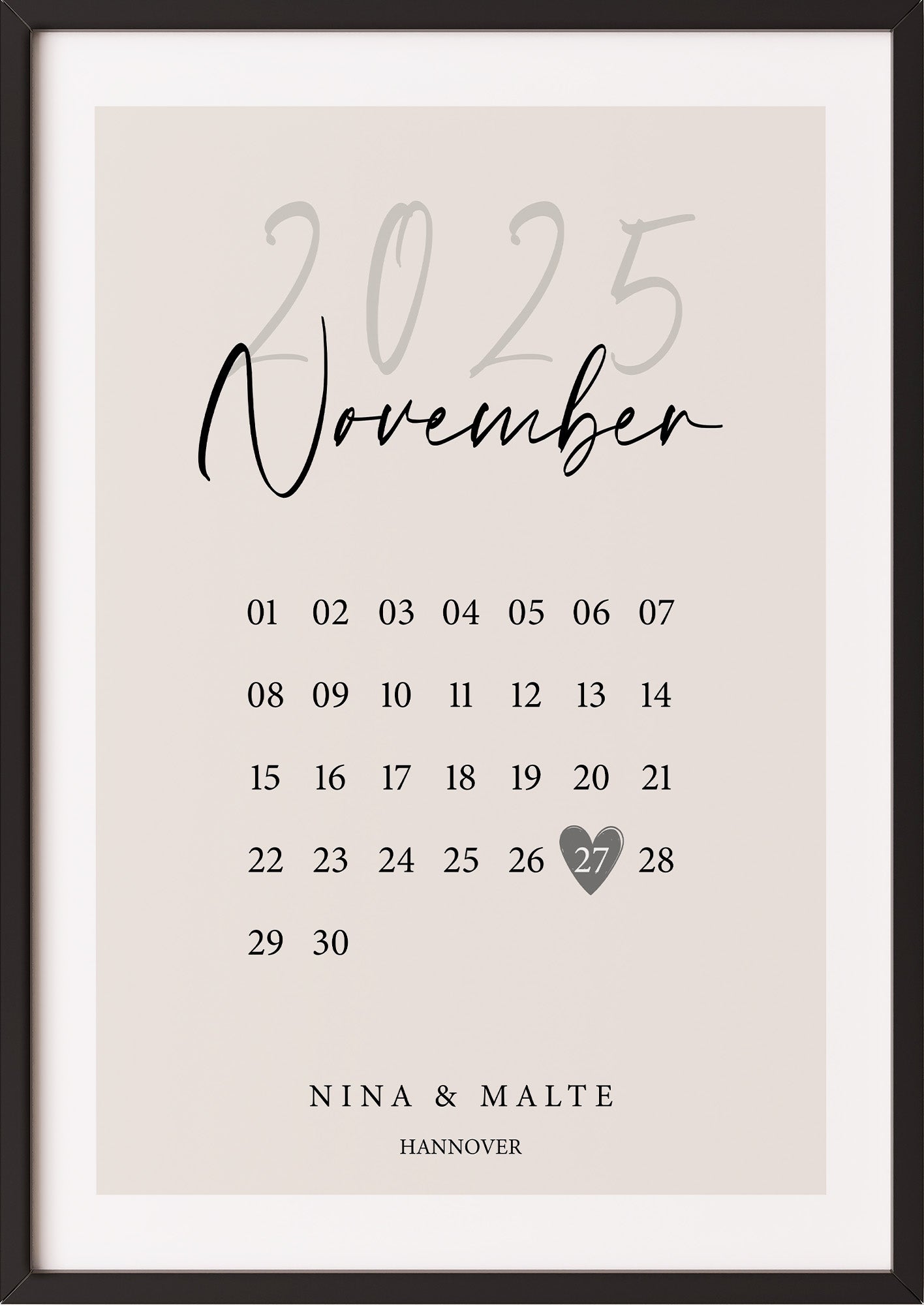 Poster Wedding Calendar im schwarzen Rahmen