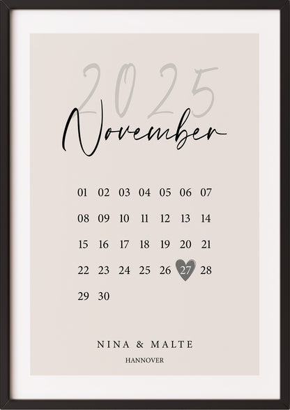 Poster Wedding Calendar im schwarzen Rahmen