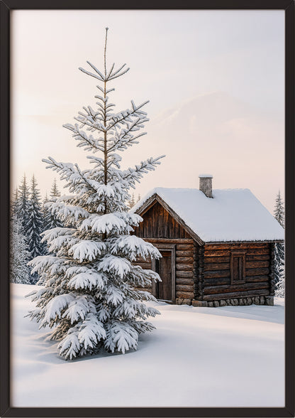 Poster Waldhütte mit Schnee bedeckt im schwarzen Rahmen