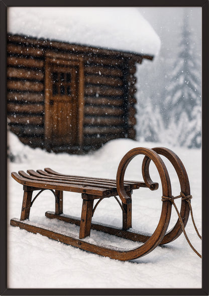 Poster Waldhütte mit Vintage Schlitten im Schnee im schwarzen Rahmen