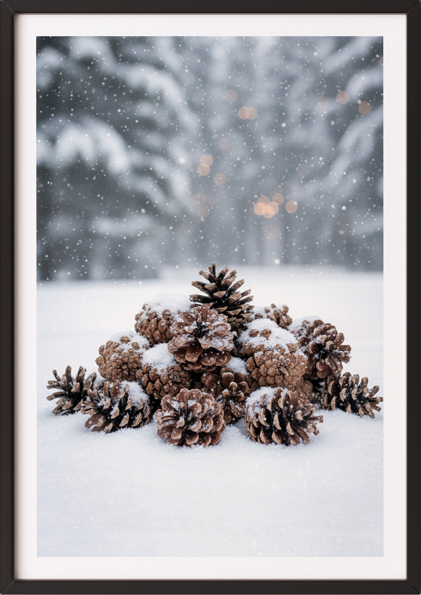 Poster Tannenzapfen im Schnee im schwarzen Rahmen