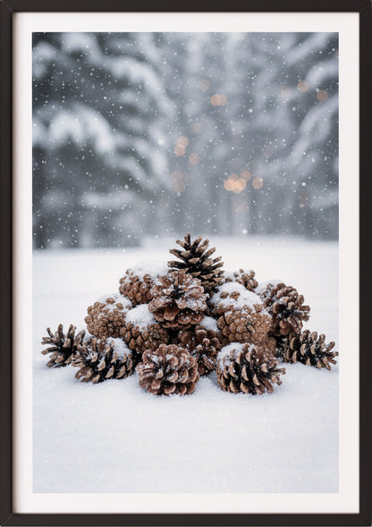 Poster Tannenzapfen im Schnee im schwarzen Rahmen