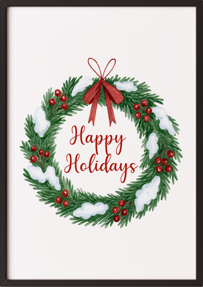 Poster Happy Holidays Weihnachtskranz Illustration im schwarzen Rahmen