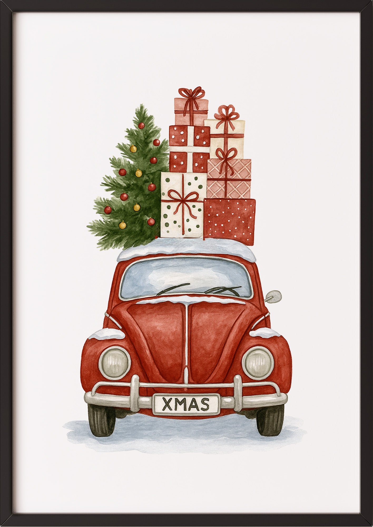 Poster XMAS Käfer mit Weihnachtsbaum und Geschenken Illustration im schwarzen Rahmen