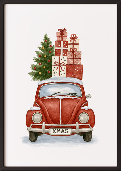 Poster XMAS Käfer mit Weihnachtsbaum und Geschenken Illustration im schwarzen Rahmen