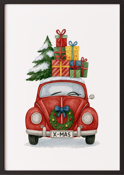 Poster XMAS Käfer mit Weihnachtsbaum, Kranz und Geschenken Illustration im schwarzen Rahmen