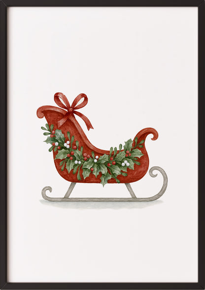 Poster Weihnachtsschlitten Illustration im schwarzen Rahmen