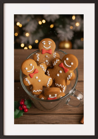 Poster Lebkuchen Männchen mit Weihnachtsdeko im schwarzen Rahmen