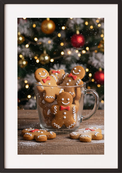 Poster Lebkuchen Männchen mit Weihnachtsdeko 2 im schwarzen Rahmen